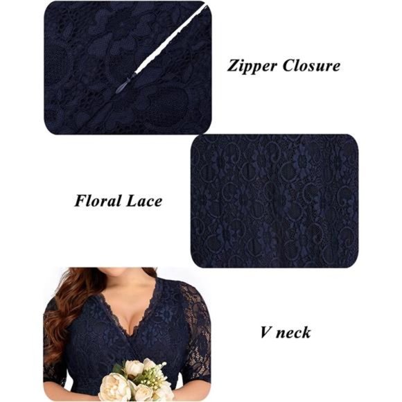 Women's Lace V-Neck Plus Size Cocktail Dress Knee Length Dress, Navy Blue - Picture 5 of 6
